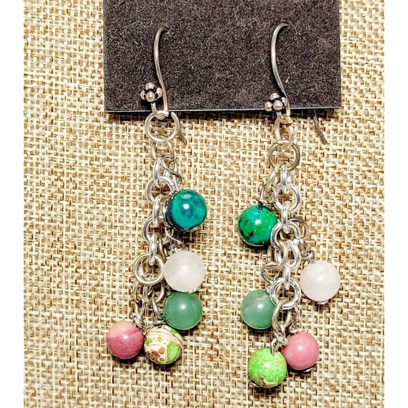 Genuine Agate Round Bead Multicolor Silver Tone Necklace & Drop Earrings Set New - Picture 3 of 11